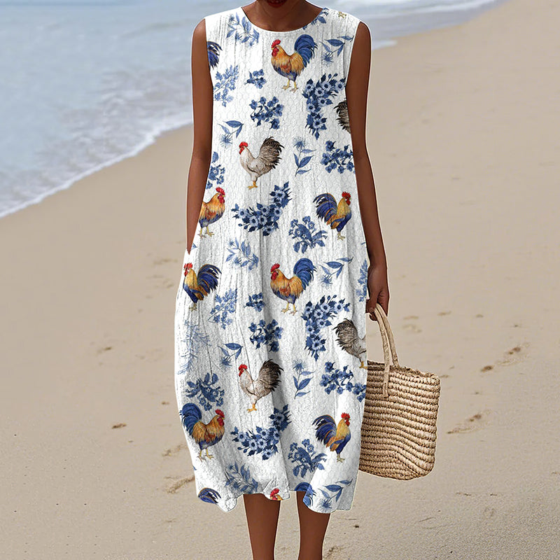 Women's Rooster Print Crew Neck Tank Midi Dress elevenforest