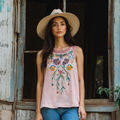 Vintage Flowers Embroidery Art Linen Sleeveless Top elevenforest