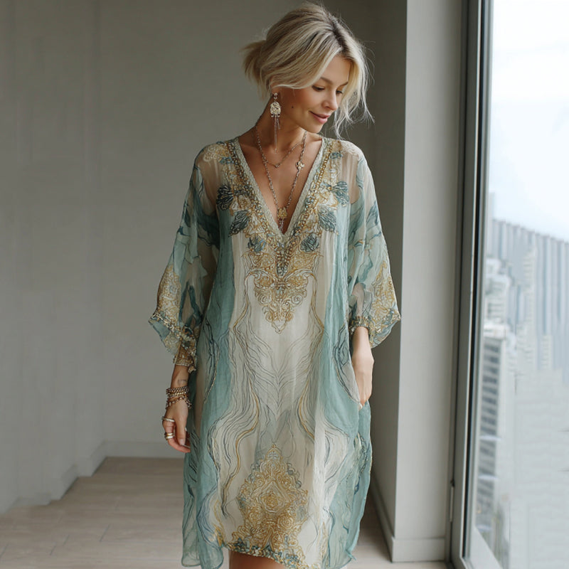 Vintage Marble Texture Collection Retro Bohemia Women Style Gradient Gilded Pattern Linen Dress elevenforest