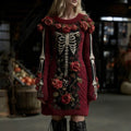 Comstylish Women's Vintage Halloween Skull With Rose Art Cozy Knit Mini Sweater Dress