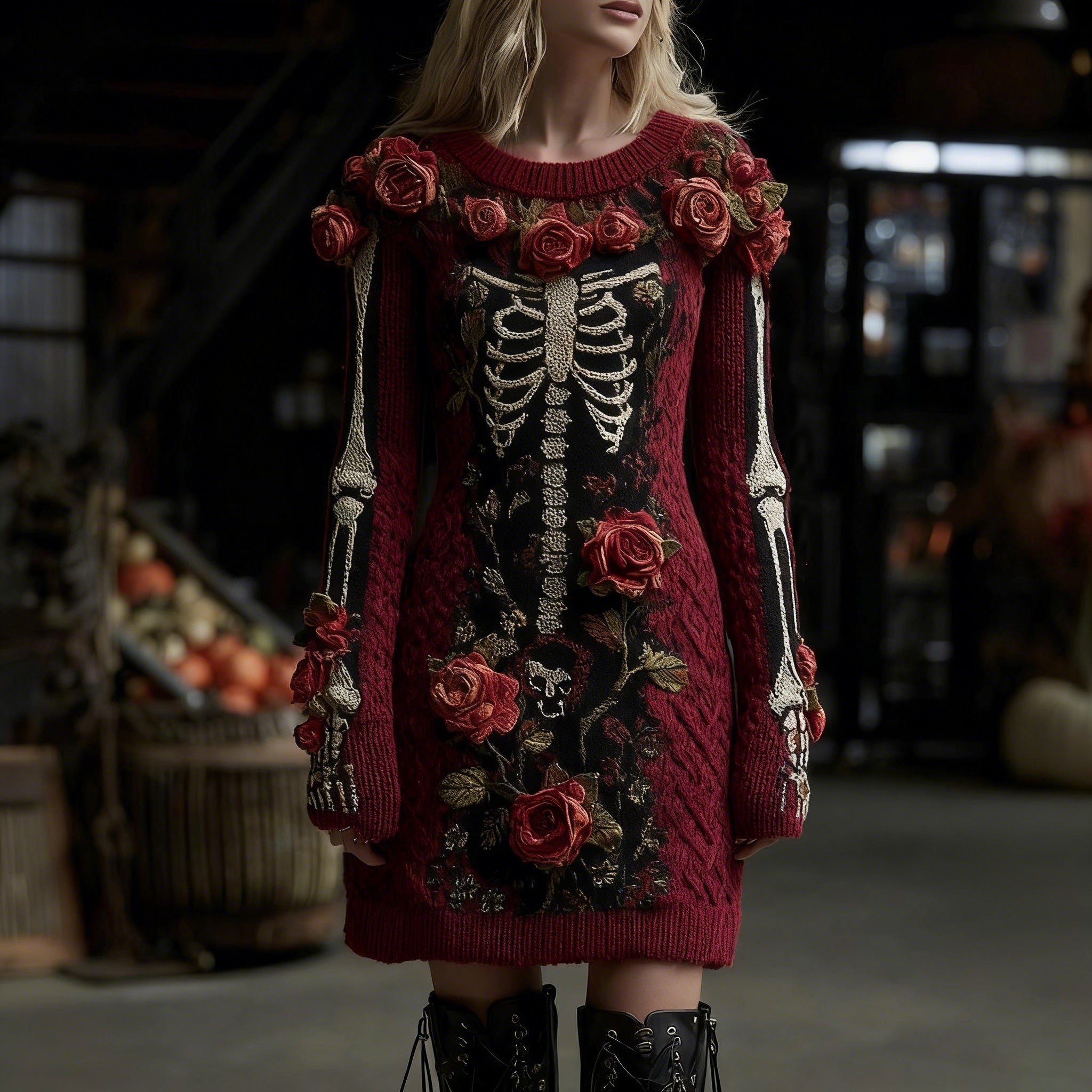Comstylish Women's Vintage Halloween Skull With Rose Art Cozy Knit Mini Sweater Dress