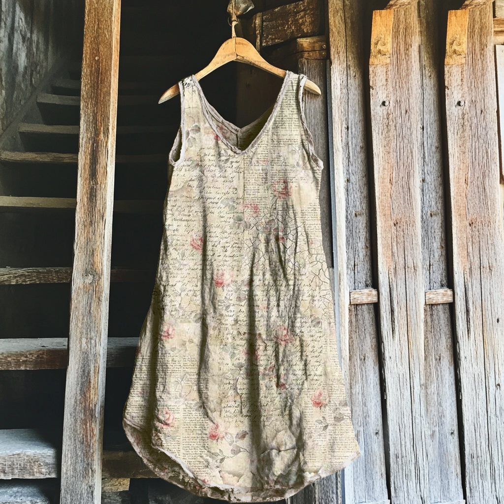 Vintage Floral Art Linen Blend Tank Midi Dress elevenforest