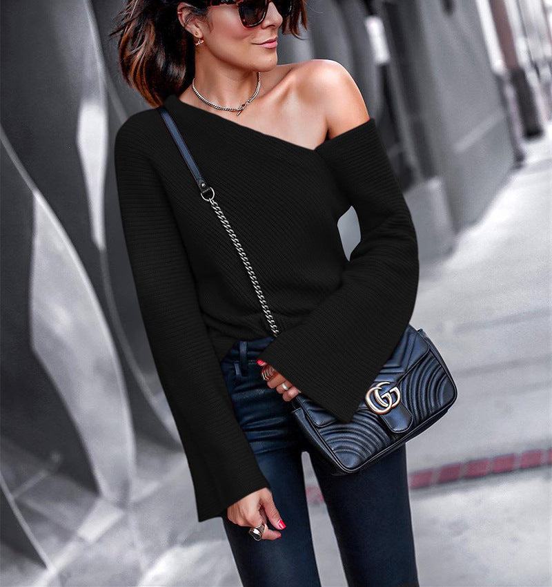 Fall Winter Round Neck Long Sleeve Off the Shoulder Blouse Knitwear