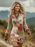 Women's Patchwork Floral Art Cozy Knit V Neck Mini Sweater Dress elevenforest