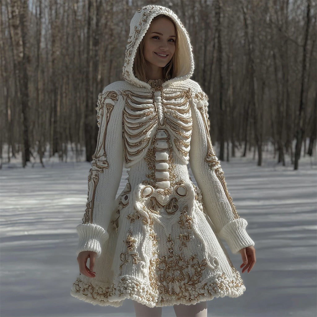 Women's Halloween Skeleton Anatomy Art Knitted Hooded Flared Dress elevenforest