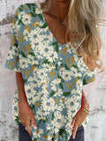 Women's Elegant Retro Floral Pattern Round Shirt Style Cotton and Linen Top