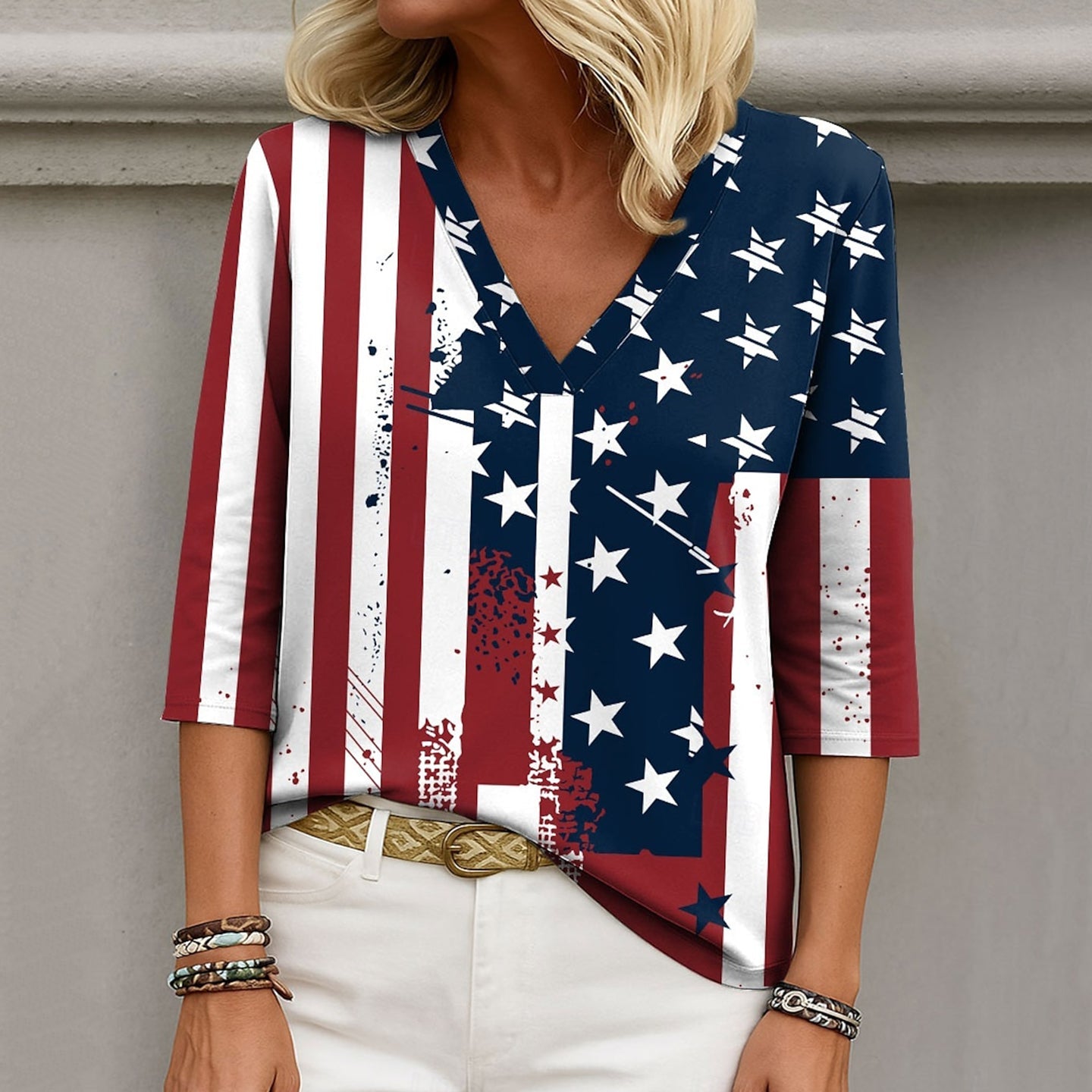 Comstylish Independence Day Flag Print V Neck Loose T-shirt