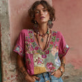 Women's Vintage Bohemian Floral Embroidery Art V-neck Linen Blend T-shirt elevenforest
