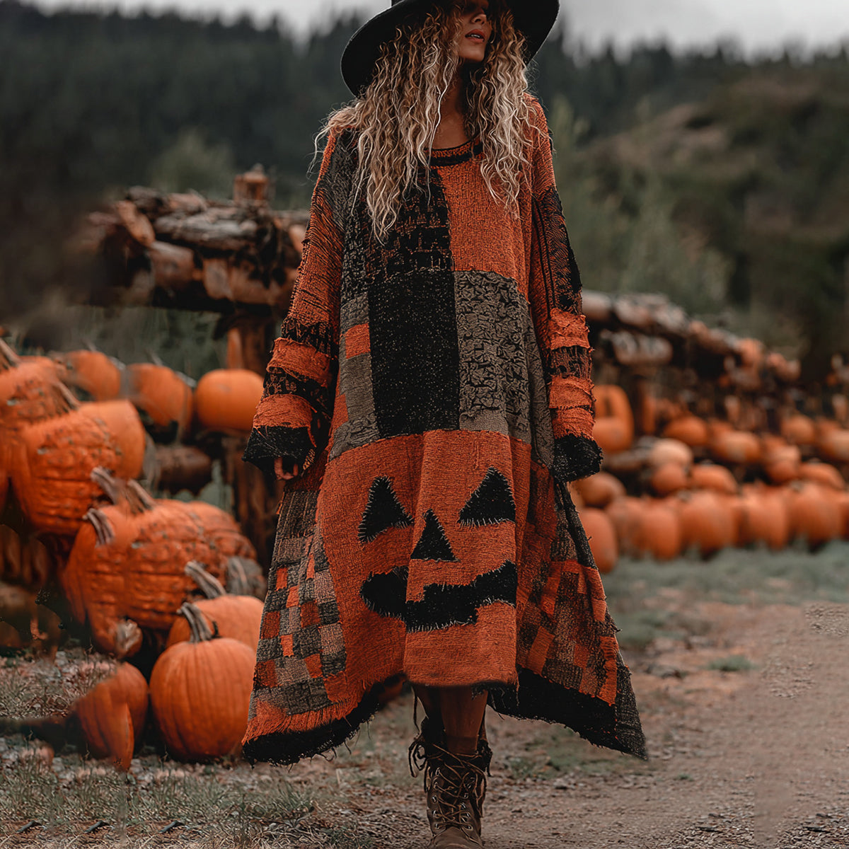 Vintage Halloween Pumpkin Face Patchwork Art Linen Long Sleeve Maxi Dress elevenforest