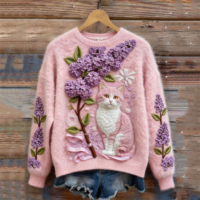 Lovely Cat Flowers Art Cozy Fuzzy Knit Sweater elevenforest