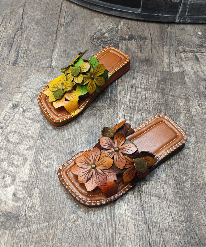 Handmade Cowhide Leather Yellow Green Slide Sandals Oi025