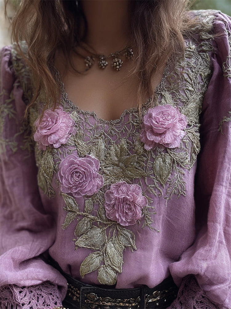 Boho Lavender Roses Fiber Art Comfy Linen Tunic elevenforest