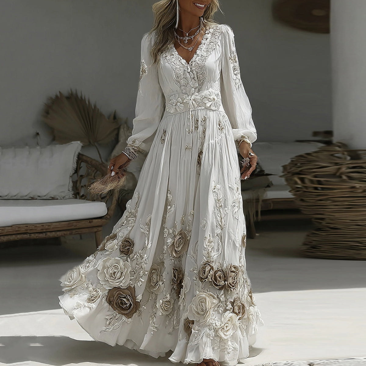Women's Vintage Rose Embroidery Art V-neck Casual Maxi Dress elevenforest
