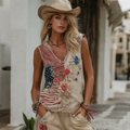 Western Cowboy Style American Floral Patchwork Vintage Linen V Neck Tank Top  In The Countryside elevenforest