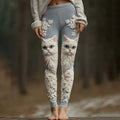 Vintage Cute Cat Face With Roses Art Embroidered Cozy Knit Leggings