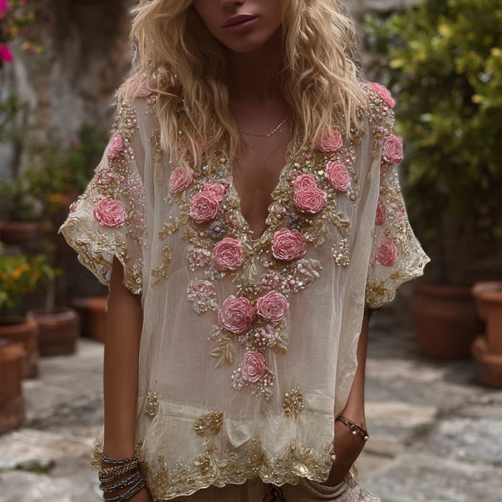 Ladies' Vintage-inspired Rose Embroidery Summer Top elevenforest