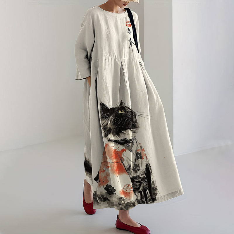 Comstylish Women's Retro Japanese Cat Art Print Midi Dress