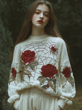 Women Halloween Spider And Rose Make Old White Round Neck Sweater elevenforest