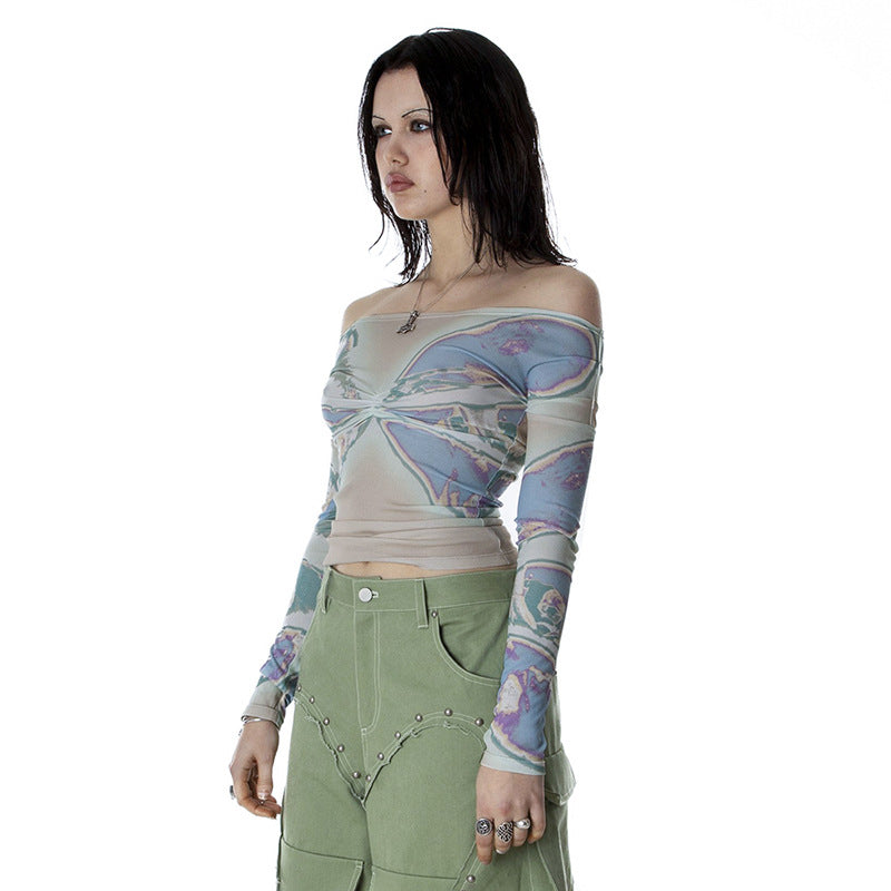Off Neck Printed Long Sleeve Mesh Transparent Top Autumn
