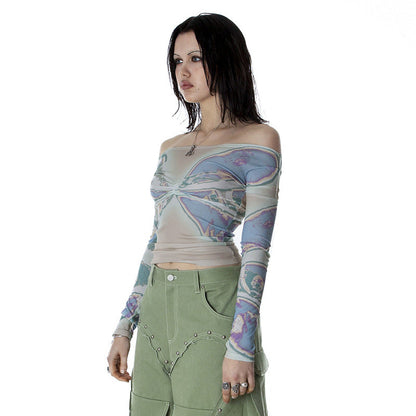 Off Neck Printed Long Sleeve Mesh Transparent Top Autumn