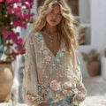 Vintage Rose Diamond Embroidery V-neck Long Sleeve Boho Shirt elevenforest