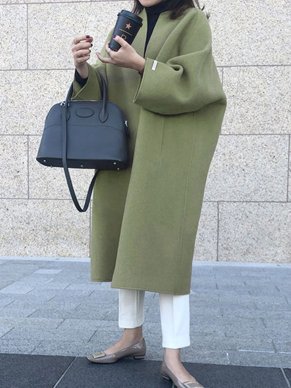 Long Sleeves Loose Color Collarless Woolen Coat
