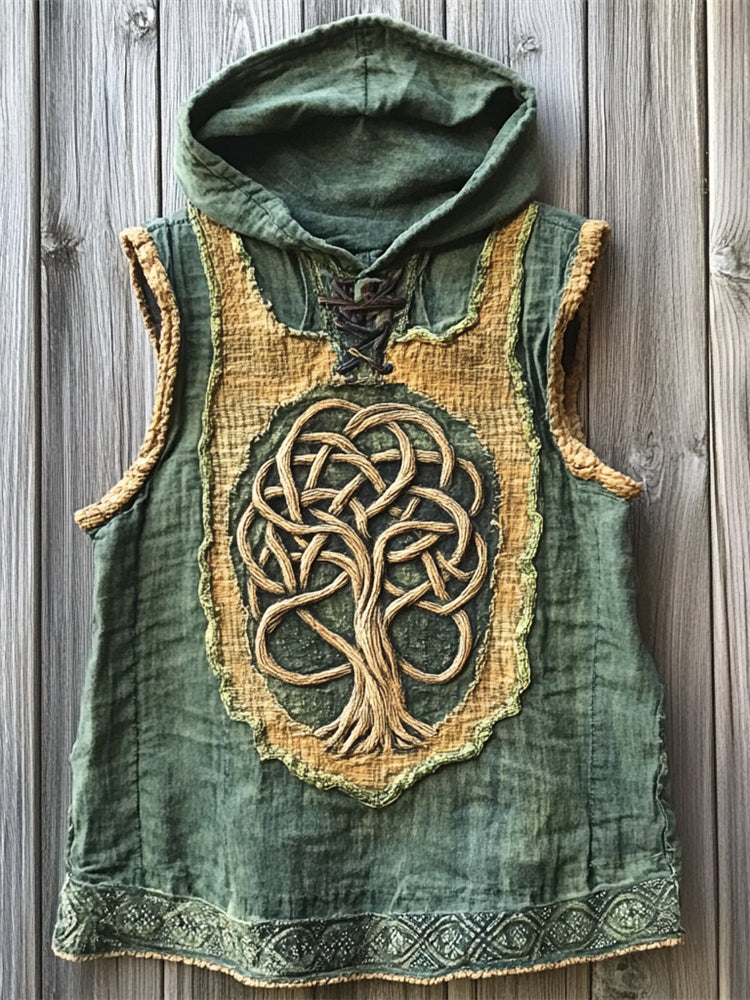 Men's Viking Tree Of Life Patchwork Hooded Washed Linen Vest elevenforest