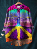 Women's Rainbow Colored Vintage Peace Sign Print Casual Cotton And Linen Shirt