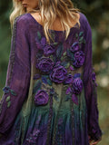Vintage Purple Roses Lace Embroidered Forest Gradient Linen Tunic elevenforest
