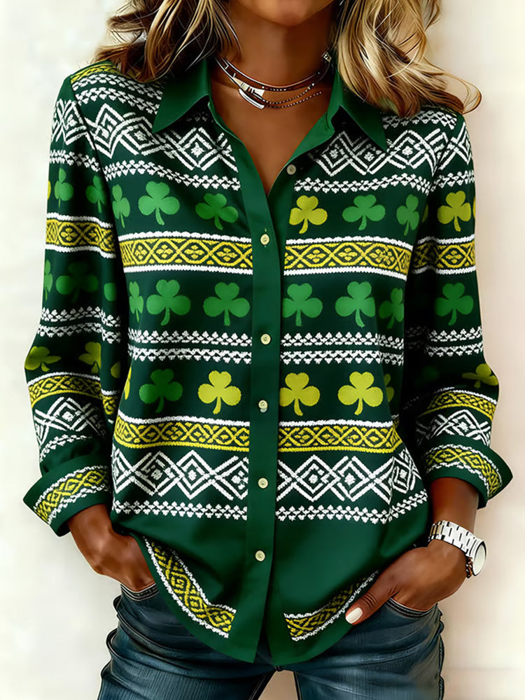 Comstylish Women's Casual St. Patrick's Day Printed Lapel Shirt