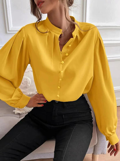 Loose Puff Sleeves Pleated Color Split-joint Stand Collar Blouses