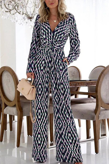Print Patchwork V Neck Boot Cut Jumpsuits