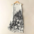 Japanese Art Vintage Ink Pine Print Sleeveless Cotton And Linen Midi Dress elevenforest