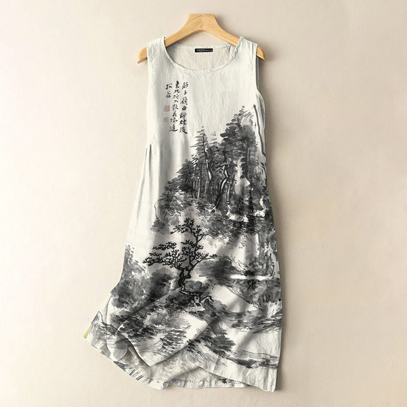 Japanese Art Vintage Ink Pine Print Sleeveless Cotton And Linen Midi Dress elevenforest