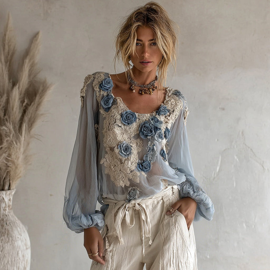 Women's Blue Rose Embroidery Casual Shirt elevenforest