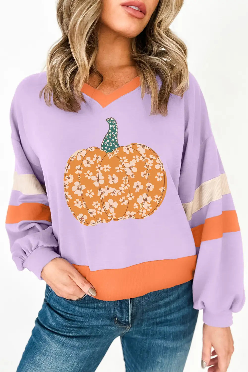Halloween Pumpkin Color Block V Neck Sweatshirt