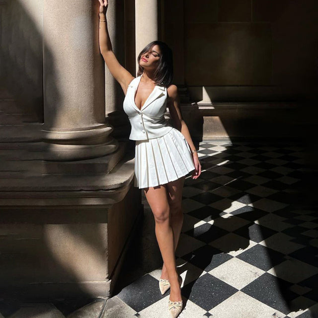 Trauxy Pleated Skirt Suit for Lapel Sleeveless Vest Top Two Pieces Sets High Waist Mini Skirts Female Outfits