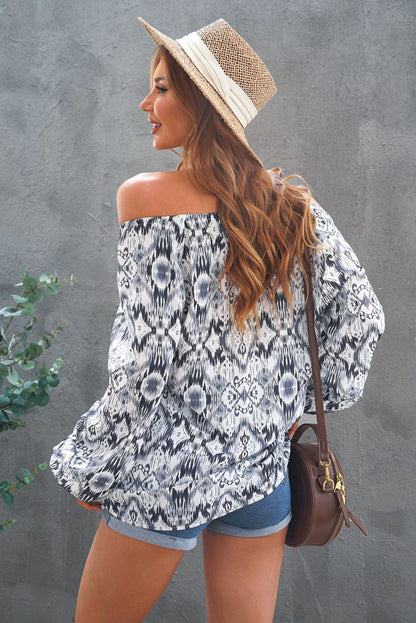 Green Print Split Neck Blouse