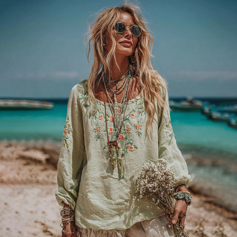 Women's Floral Print Crew Neck Linen Blend T-shirt elevenforest