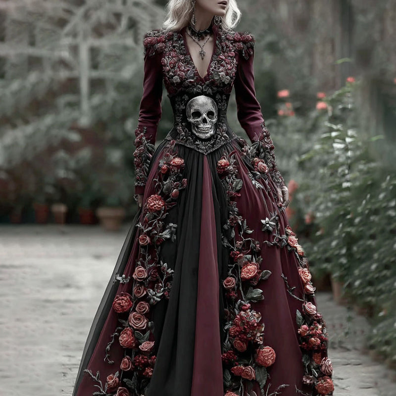 Vintage Skull Skeleton And Red Roses Flowy Maxi Dress elevenforest