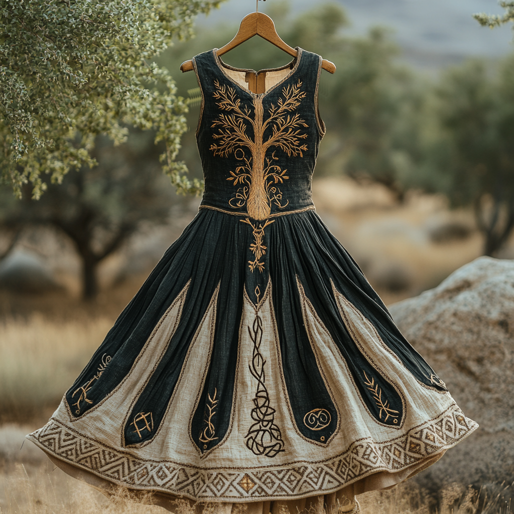 Women's Viking Tree Of Life Celtic Art Linen Midi Dress elevenforest