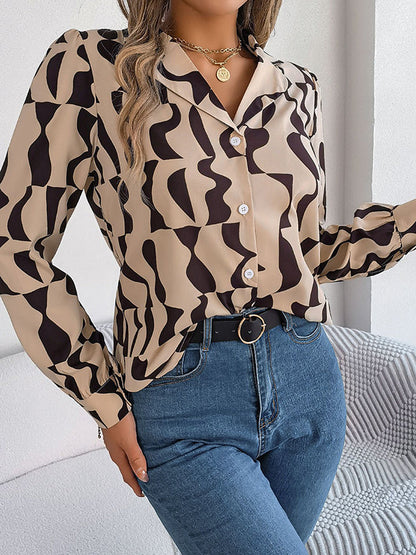 Long Sleeves Buttoned Contrast Color Notched Collar Blouses&shirts Tops