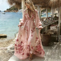 Women's Boho Style Rose Art Long-sleeved V-neck Dress elevenforest