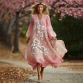 Women's Bohemian Cherry Blossom Pattern Casual V Neck Long Sleeve Dress elevenforest