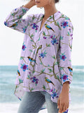 Watercolor Summer Bird And Floral Pattern Printed Women's Casual Linen V-Neck Shirt