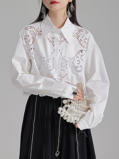 Long Sleeves Loose Buttoned Hollow Color Lapel Blouses&shirts Tops