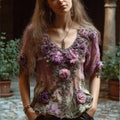 Ladies' Elegant Purple Embroidered Plant Flower Short-sleeved Casual Vintage Top elevenforest