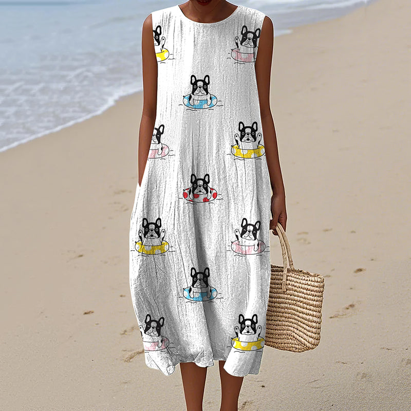 Retro French Bulldog Art Linen Tank Midi Dress elevenforest