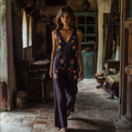 Vintage Floral Embroidered Pattern Art Linen Blend Loose Casual Jumpsuit elevenforest