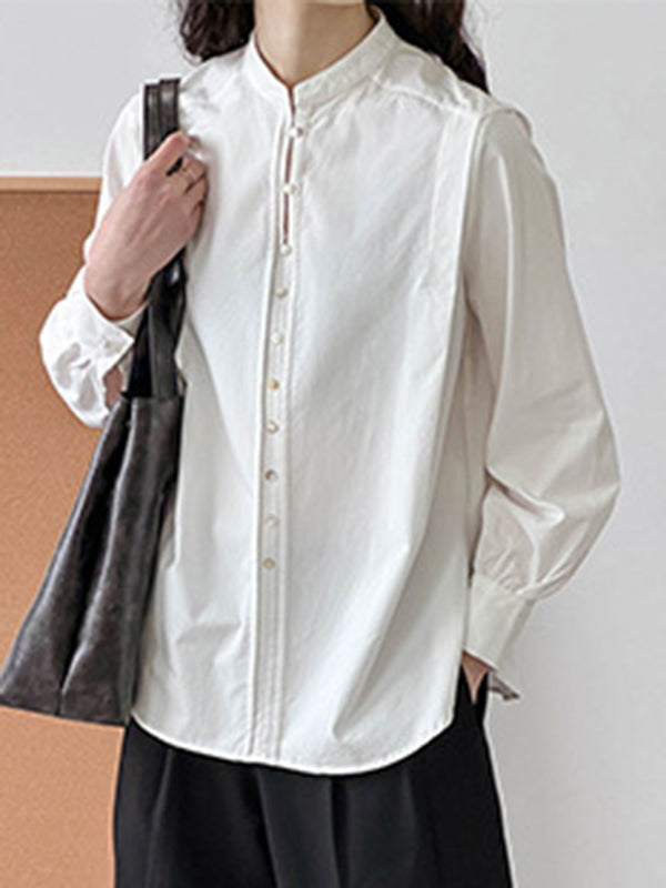 Long Sleeves Loose Buttoned Split-joint Round-neck Blouses&shirts Tops